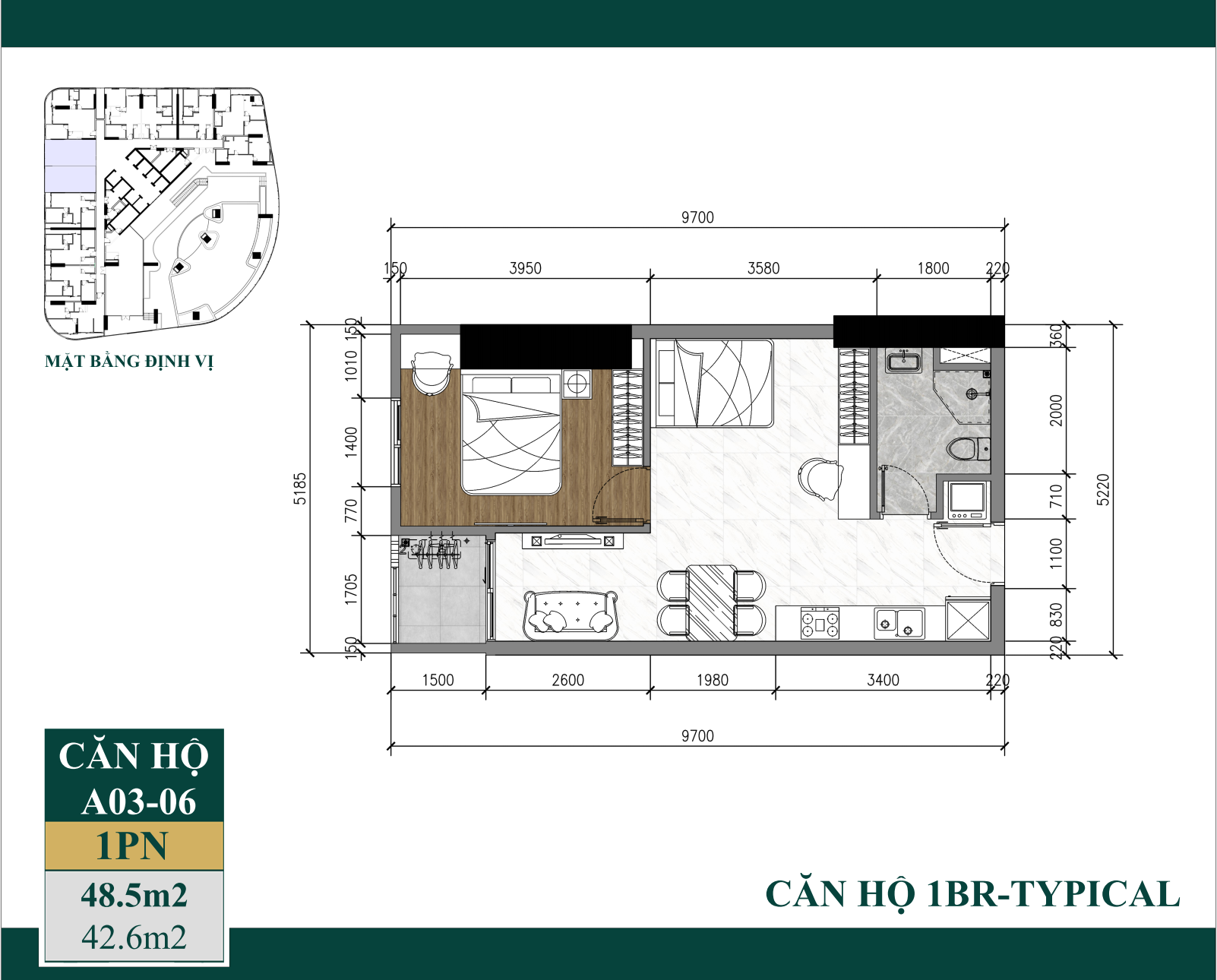 Căn hộ 1PN+ 48.5m2